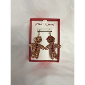 NIB Betsey Johnson Gingerbread Man & Woman Dangle Earrings With Glitter & Pave